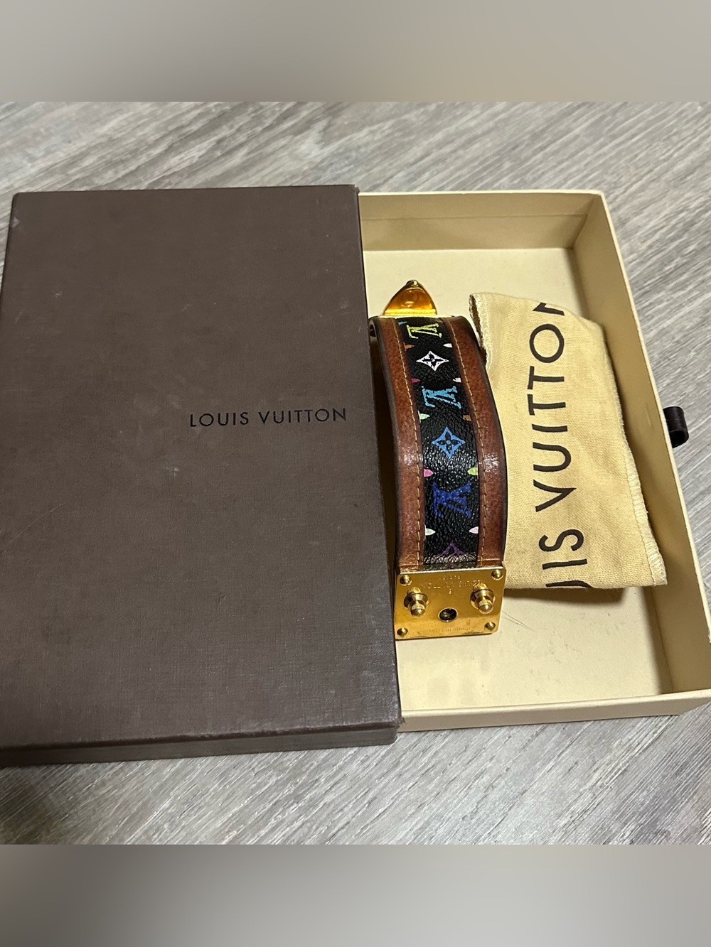 Louis Vuitton Black Monogram Multicolor Murakami S-Lock leather bracelet Cuff